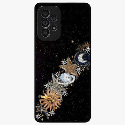 Pearls Universe Object Glass Case showing flat back view with pearl inspired cosmic artwork and glossy glass finish.