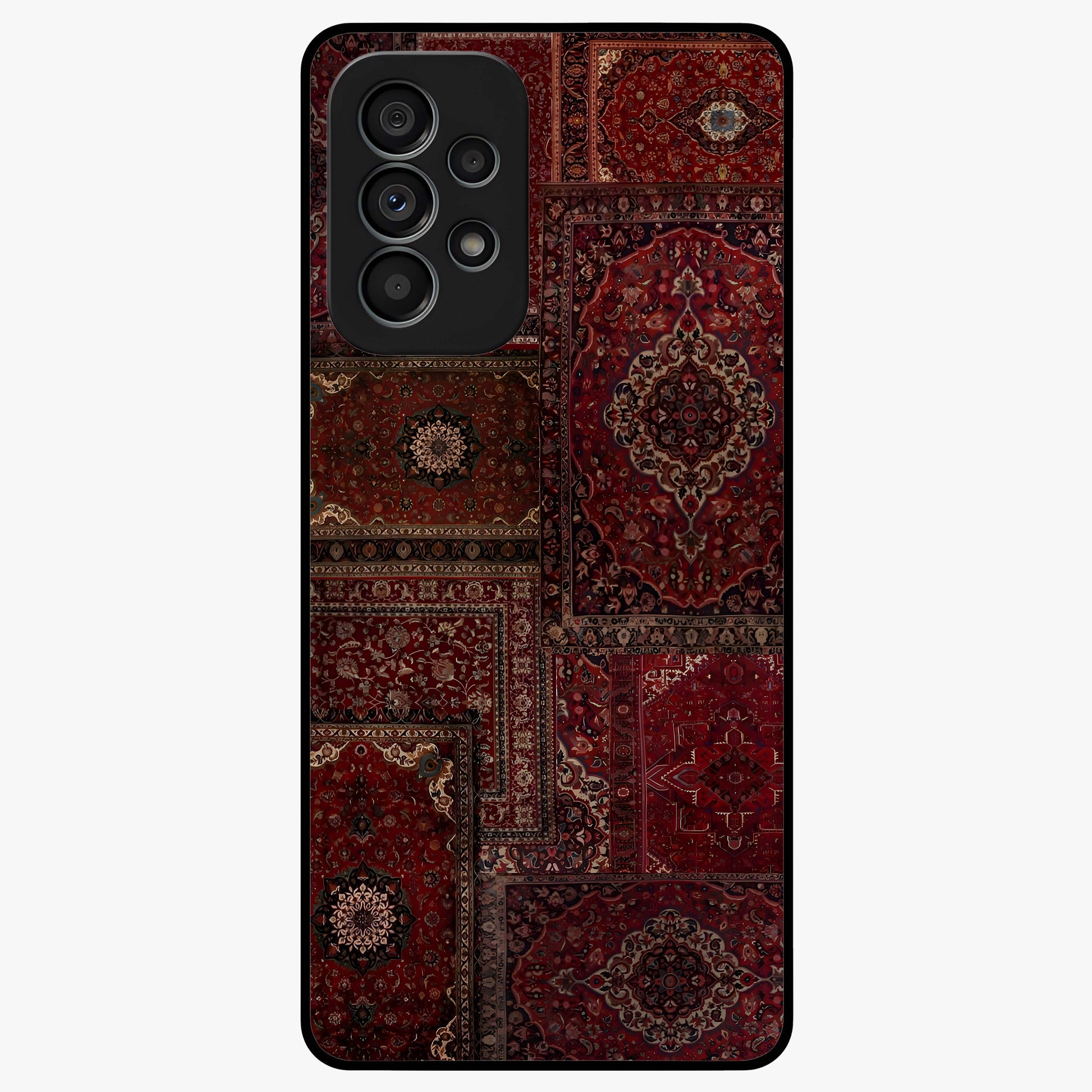 Persian Velvet Tale Glass Case showing flat back view with luxurious Persian velvet pattern artwork and glossy glass finish.