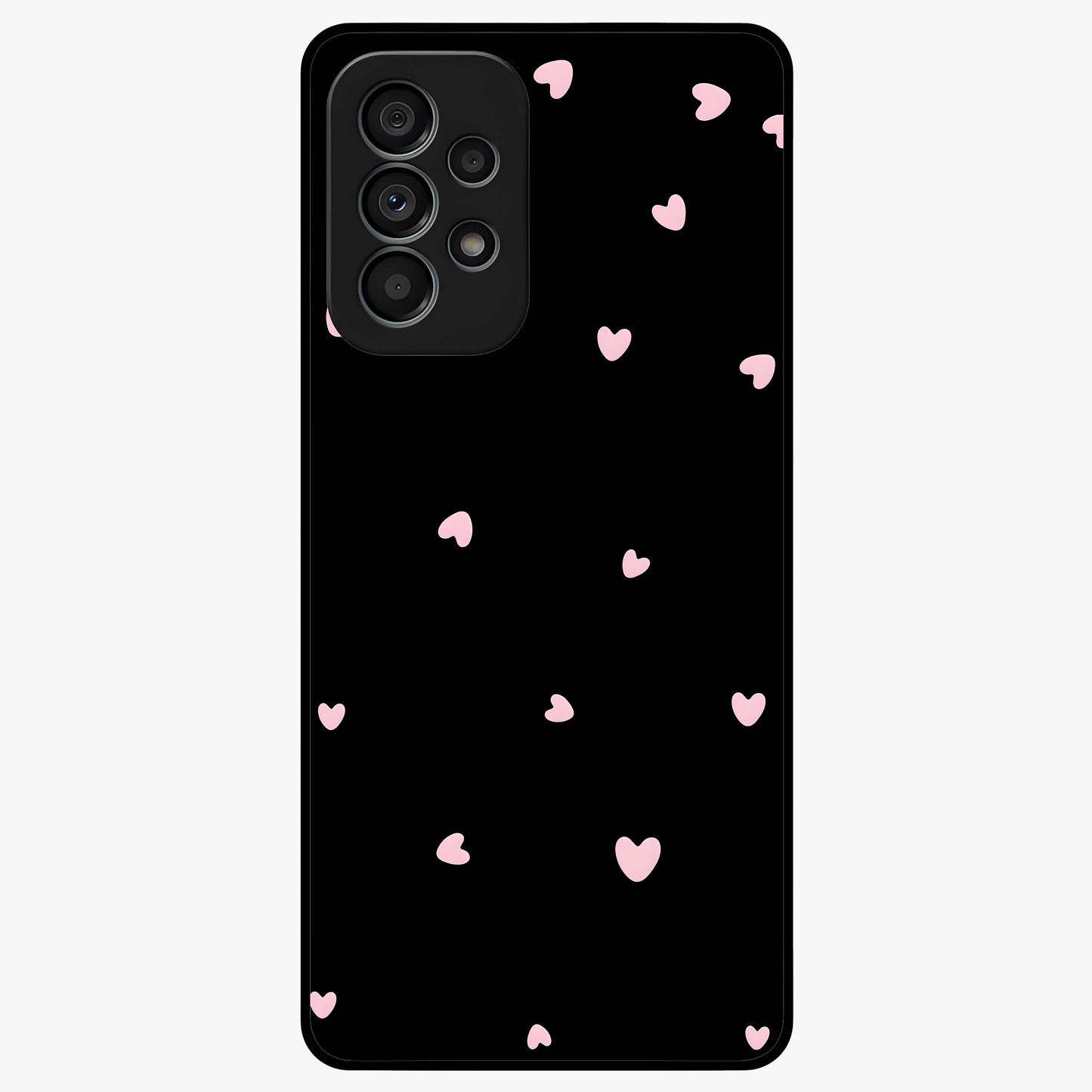 Pink Love Drops Glass Case showing flat back view with playful pink heart drops artwork and glossy glass finish.