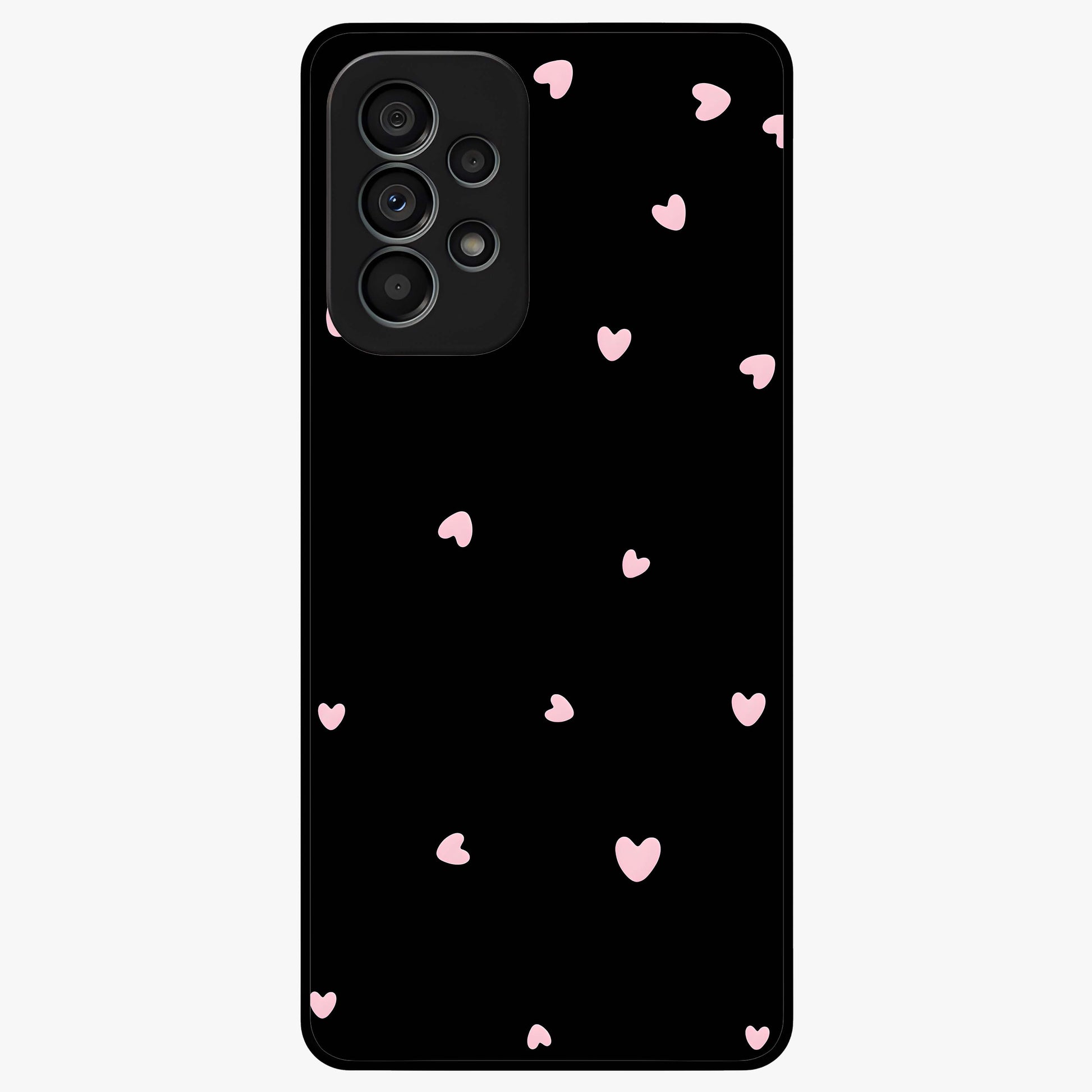 Pink Love Drops Glass Case showing flat back view with playful pink heart drops artwork and glossy glass finish.