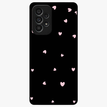 Pink Love Drops Glass Case showing flat back view with playful pink heart drops artwork and glossy glass finish.