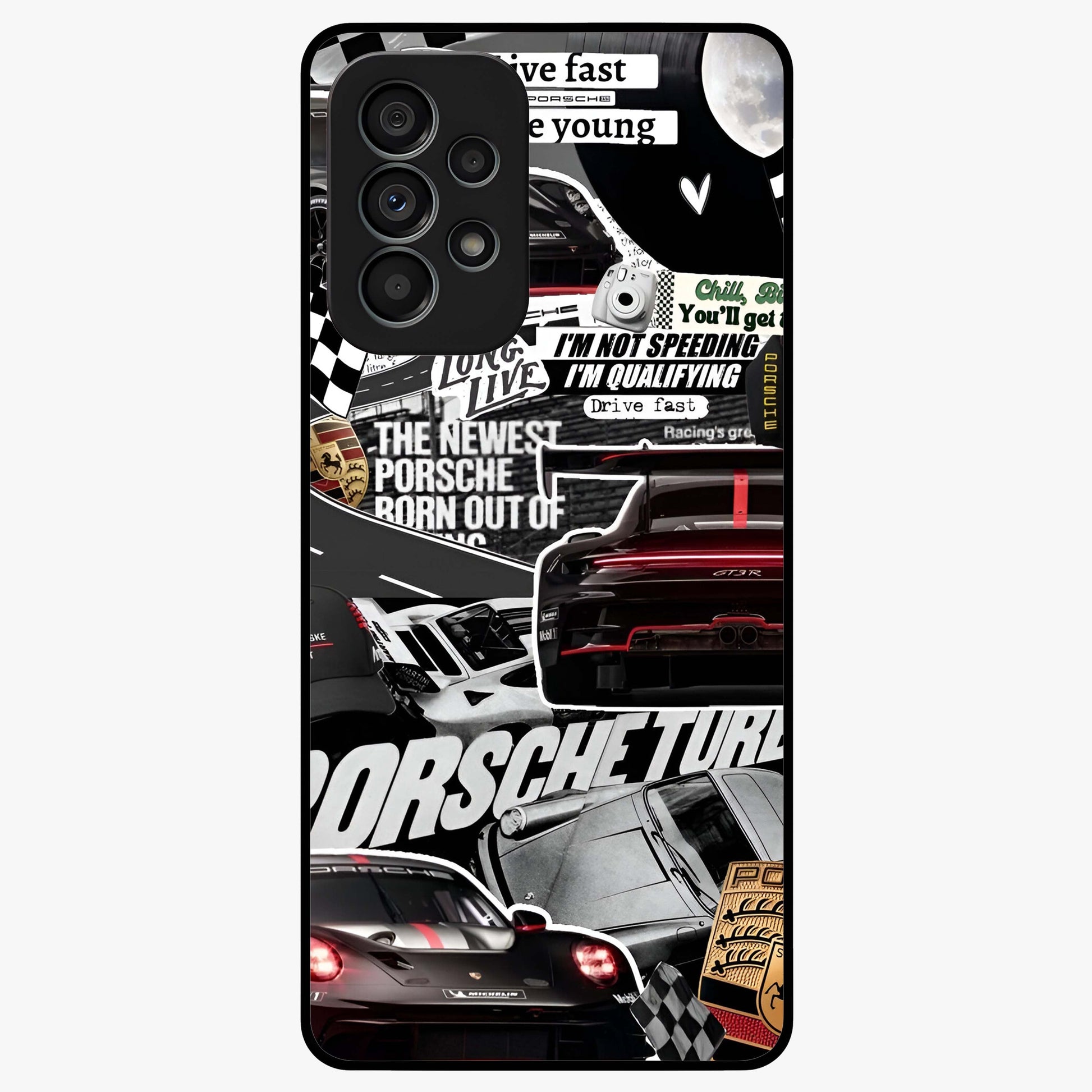 Porsche Racing Collage Glass Case showing flat back view with sports car racing collage artwork and glossy glass finish.
