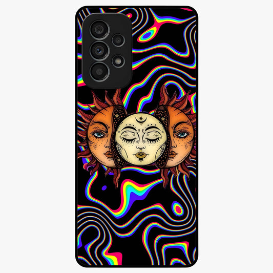 Psychedelic Sun Glass Case showing flat back view with colorful psychedelic sun artwork and glossy glass finish.