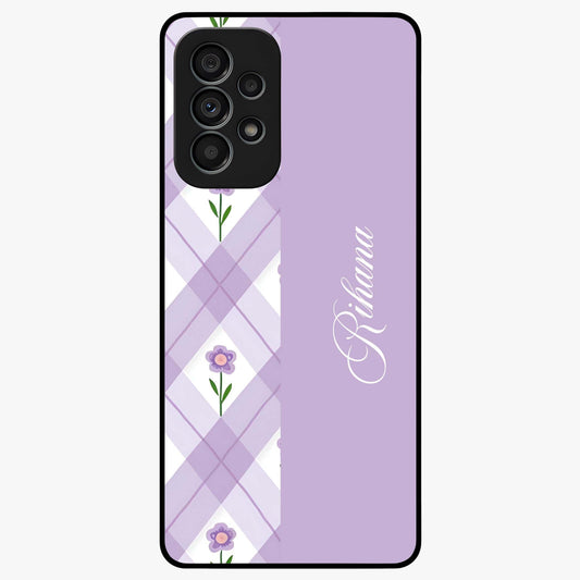 Purple Diamond Floral Glass Case showing flat back view with diamond shaped floral artwork and glossy glass finish.