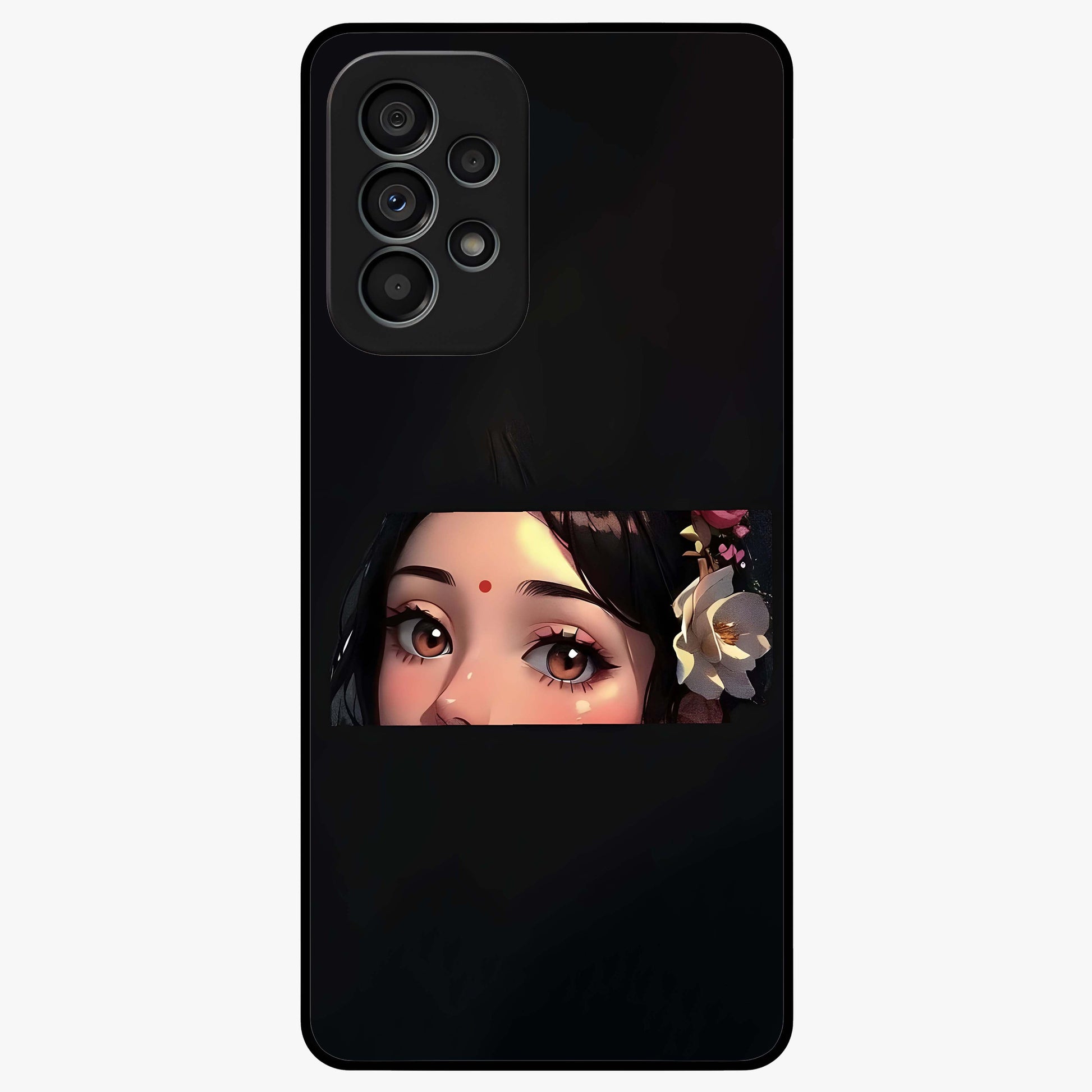 Radha Divine Embrace Glass Case showing flat back view with devotional Radha artwork and glossy glass finish.