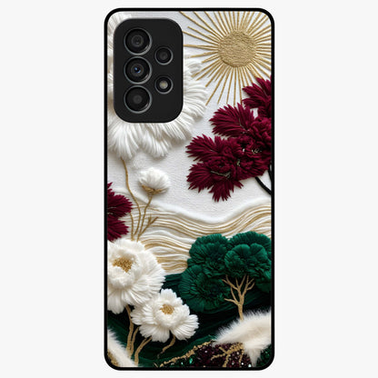 Radiant Bloom Elegance Glass Case showing flat back view with elegant blooming flower artwork and glossy glass finish.