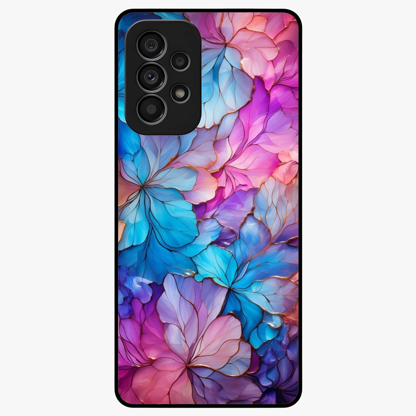 Radiant Floral Whirl Glass Case showing flat back view with swirling floral artwork and glossy glass finish.