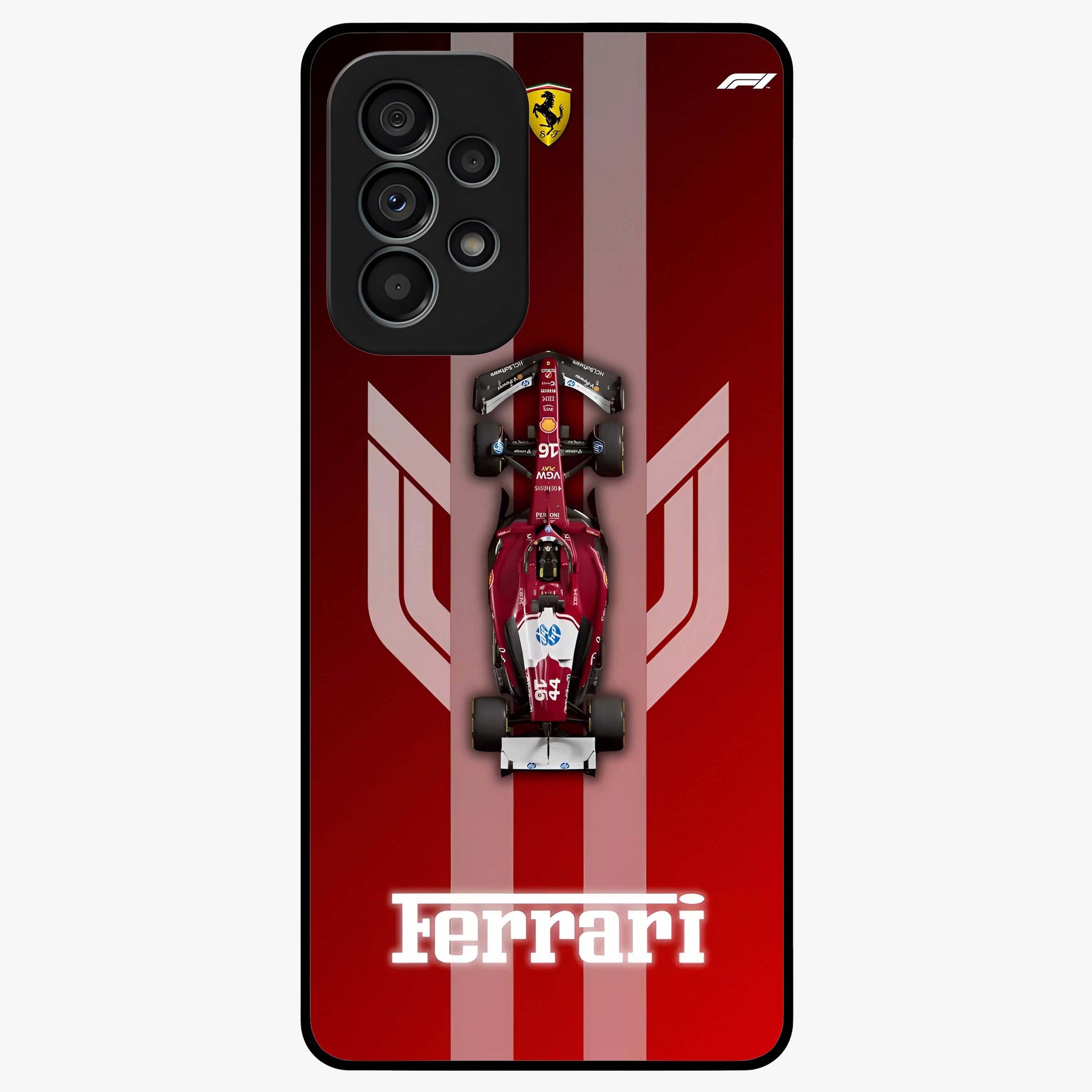 Red Ferrari F1 Vertical Glass Case showing flat back view with sleek Formula racing car artwork and glossy glass finish.