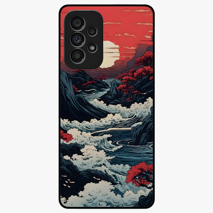 Red Sunset Scenery Glass Case showing flat back view with vibrant sunset landscape artwork and glossy glass finish.