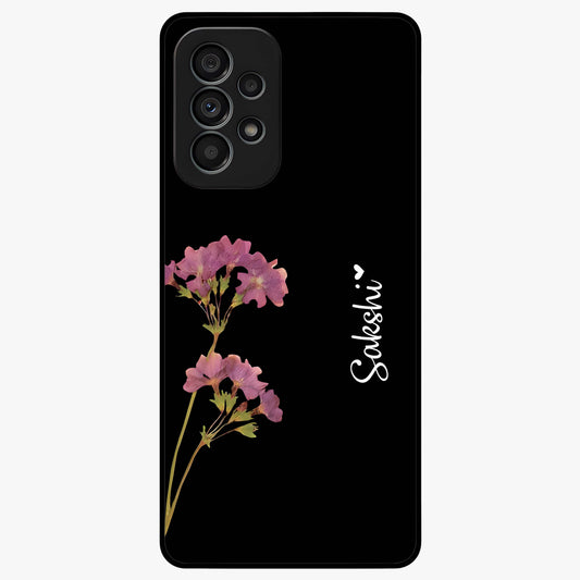 Riching Lavender Flower Custom Name Glass Case showing flat back view with lavender floral artwork and personalized name design.