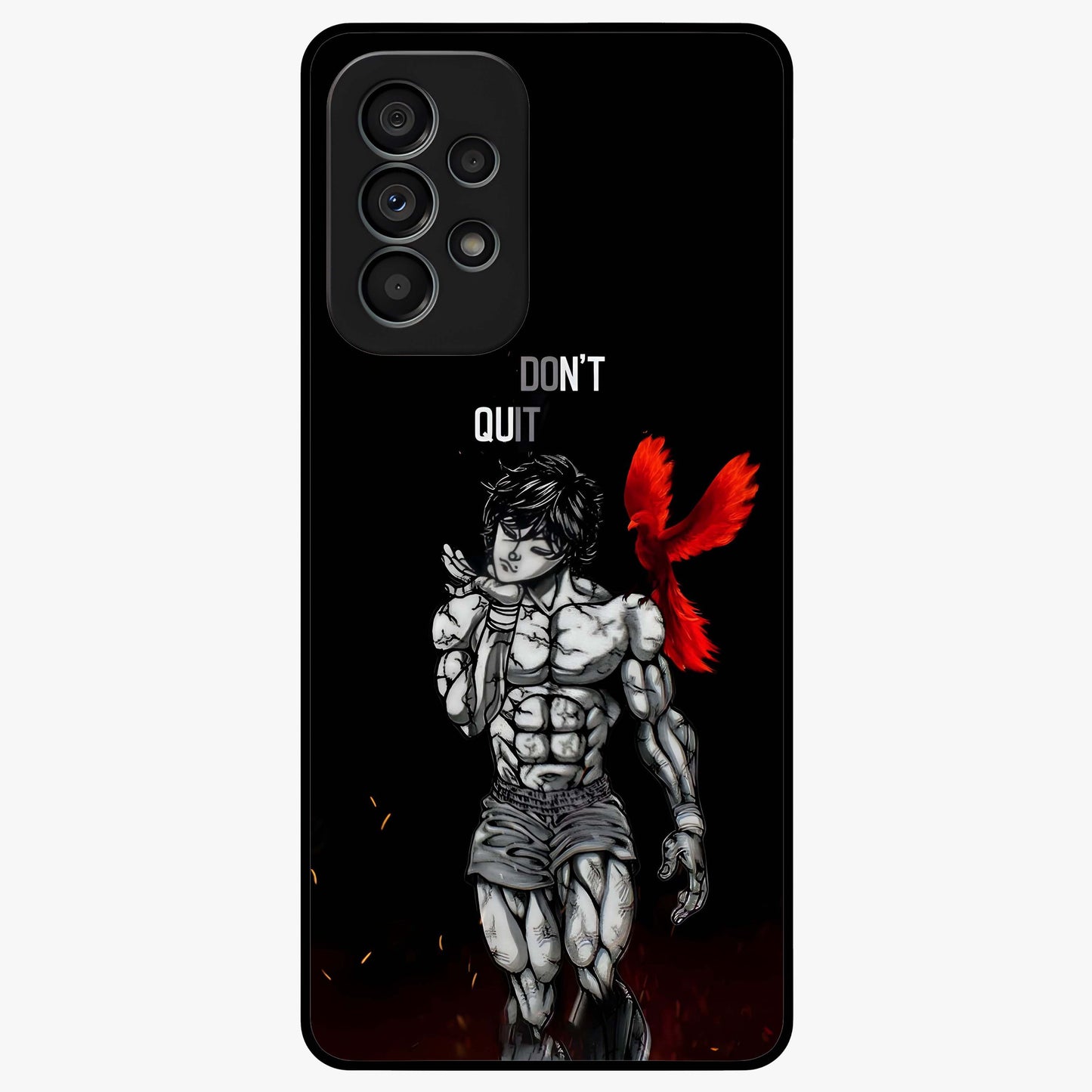Rise Beyond Limits Glass Case showing flat back view with motivational typography artwork and glossy glass finish.