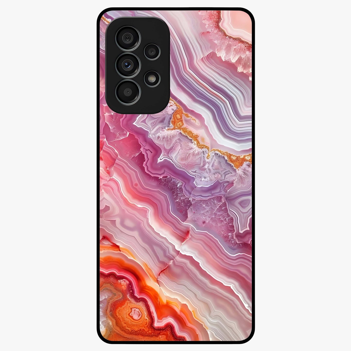 Rose Quartz Marble Glass Case showing flat back view with pink marble quartz texture artwork and glossy glass finish.
