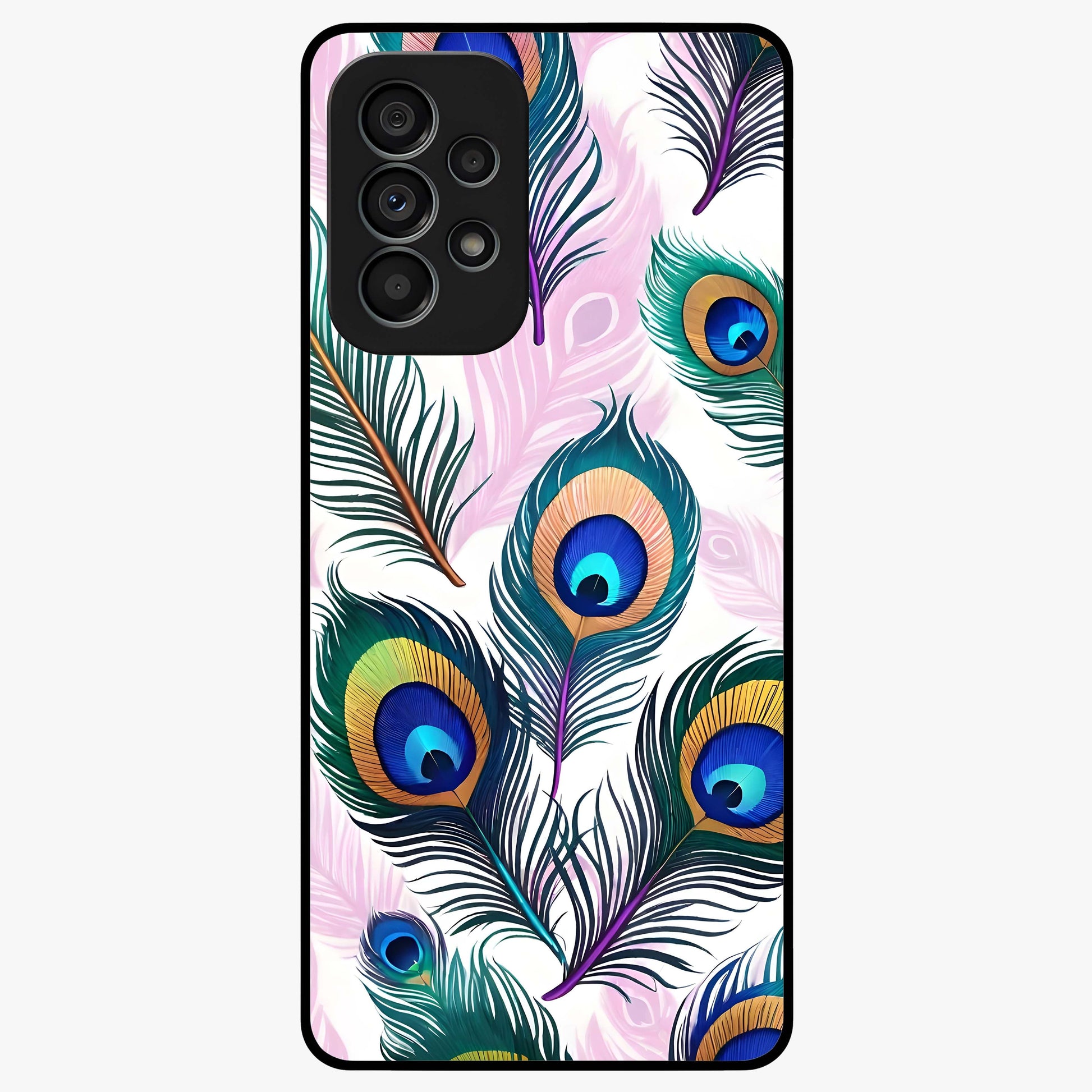 Royal Peacock Feathers Glass Case showing flat back view with colorful peacock feather artwork and glossy glass finish.