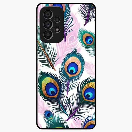 Royal Peacock Feathers Glass Case showing flat back view with colorful peacock feather artwork and glossy glass finish.