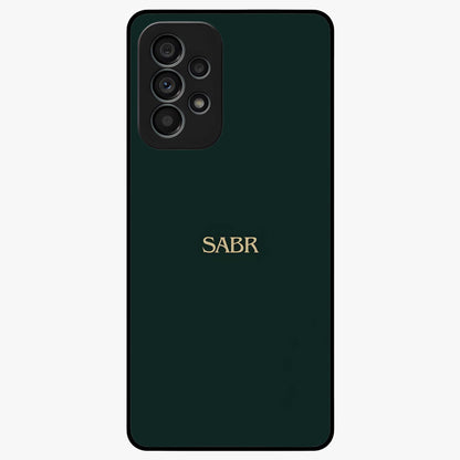 Sabr Minimal Patience Glass Case showing flat back view with minimalist typography artwork and glossy glass finish.