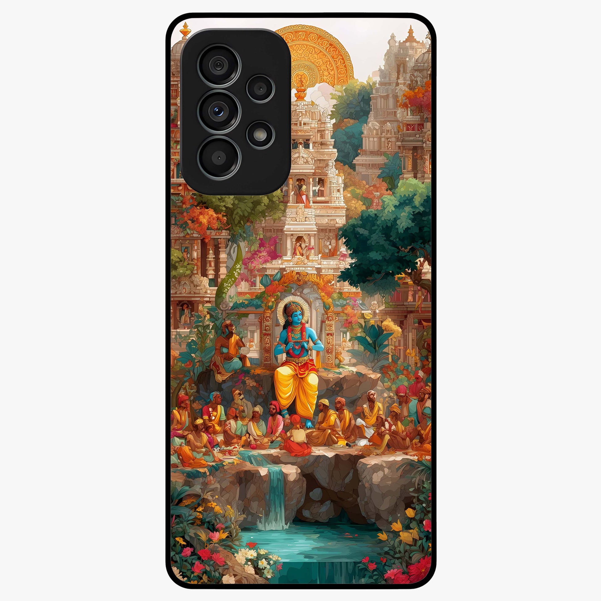 Sacred Sunlight Gods Glass Case showing flat back view with divine sunlight themed artwork and glossy glass finish.