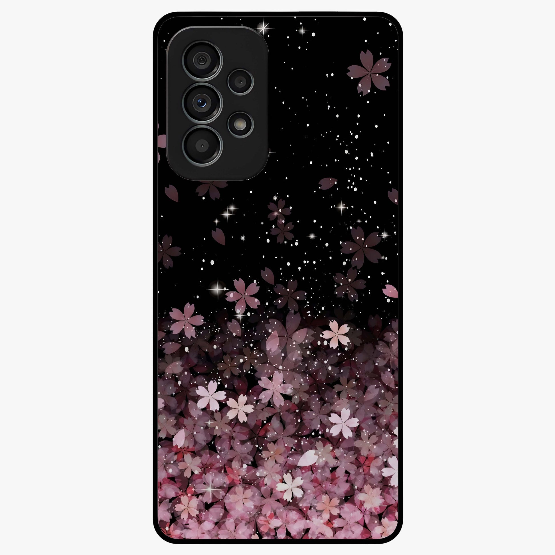 Small Starry Flowers Glass Case showing flat back view with delicate starry floral artwork and glossy glass finish.
