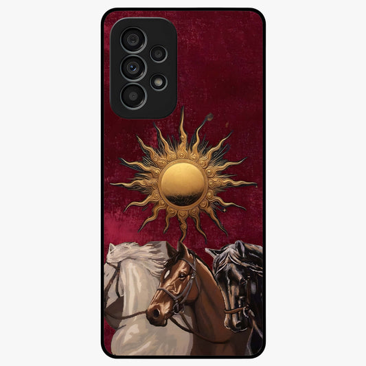 Solar Riders Glass Case showing flat back view with dynamic rider themed artwork and glossy glass finish.