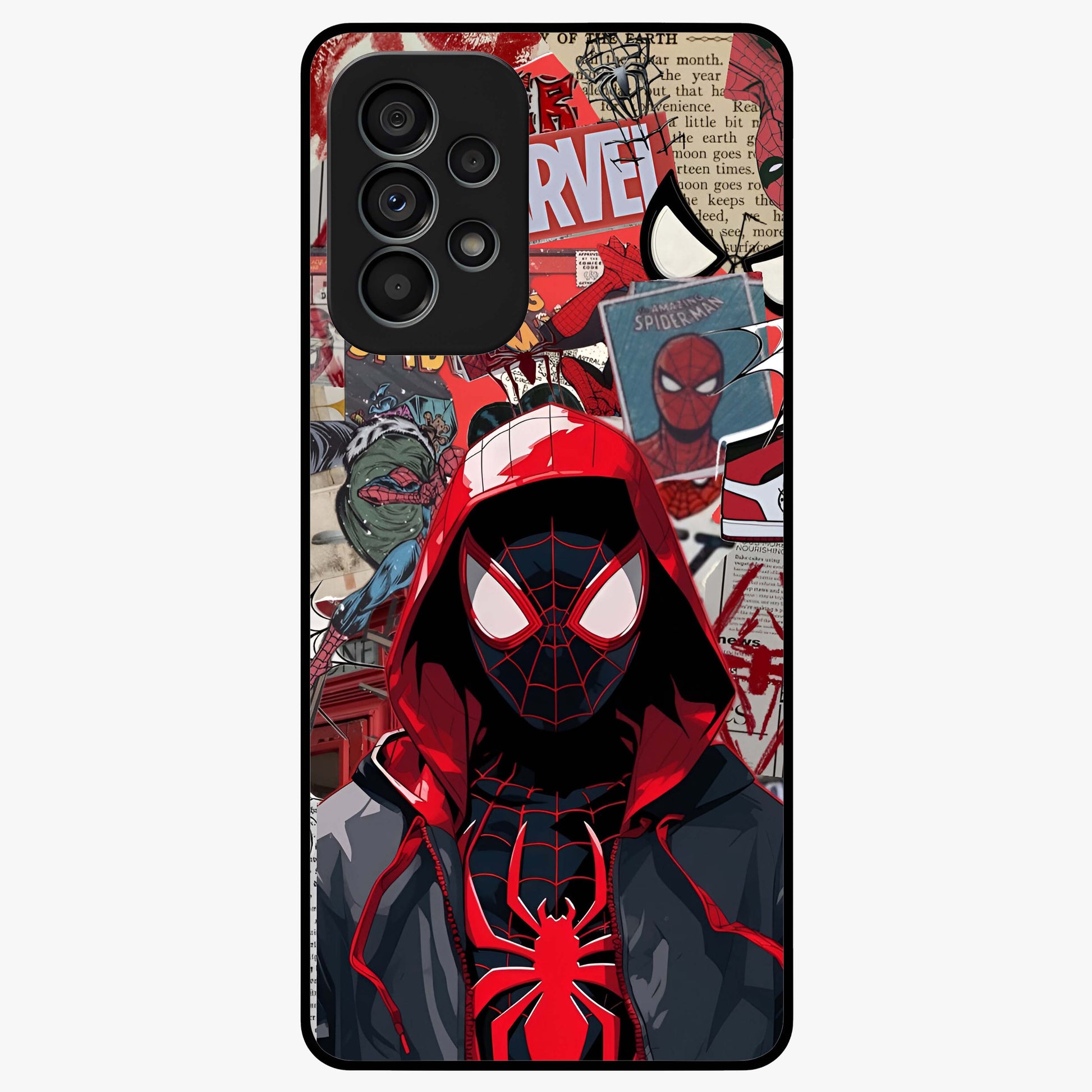 Spider Collage Street Glass Case showing flat back view with vibrant superhero collage artwork and glossy glass finish.