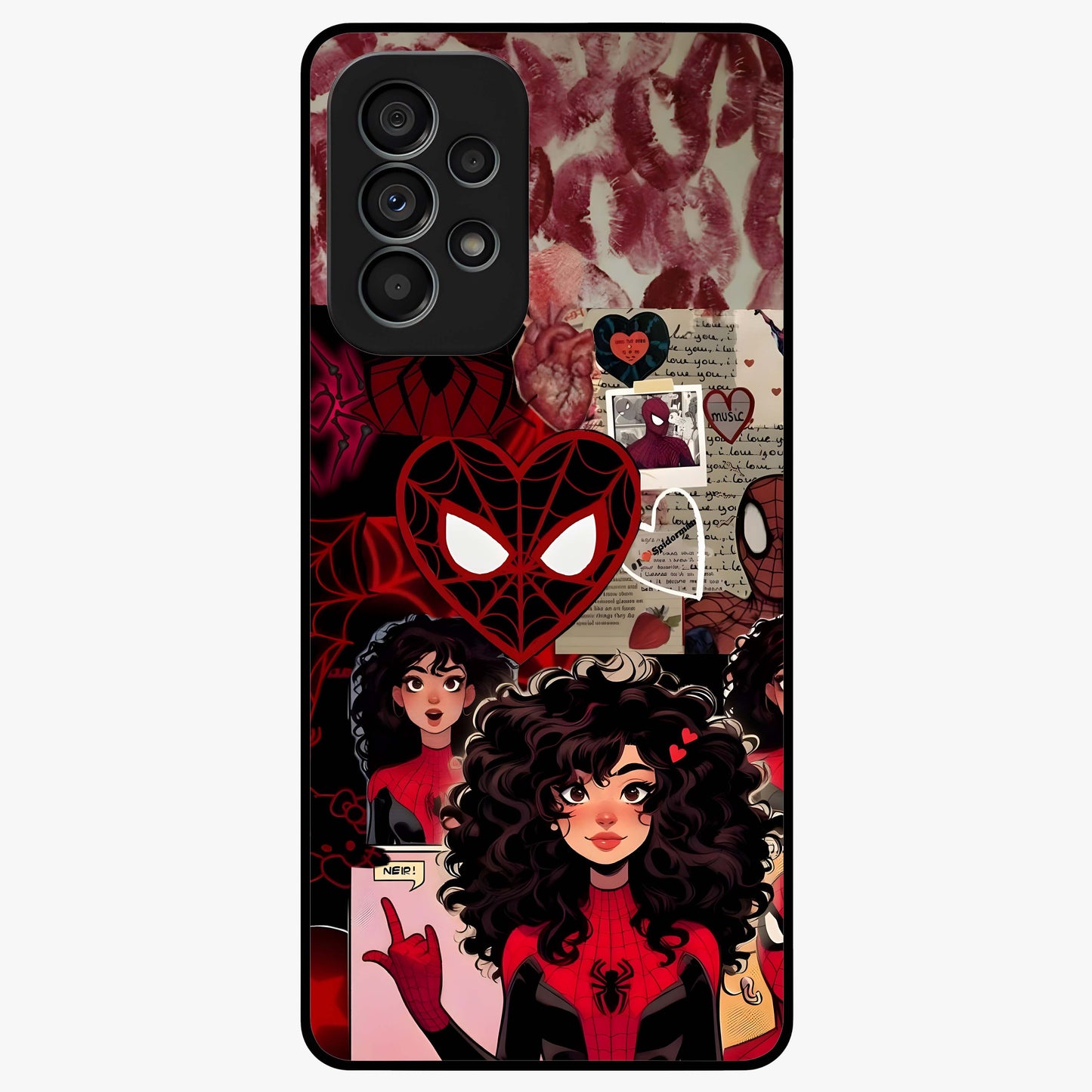 Spider Love Story Glass Case showing flat back view with romantic superhero themed artwork and glossy glass finish.