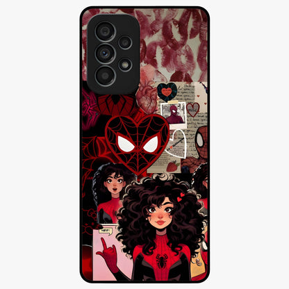 Spider Love Story Glass Case showing flat back view with romantic superhero themed artwork and glossy glass finish.