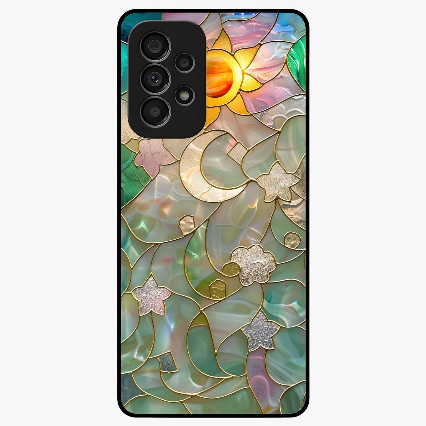 Stained Sunrise Glow Glass Case showing flat back view with glowing sunrise stained pattern artwork and glossy glass finish.