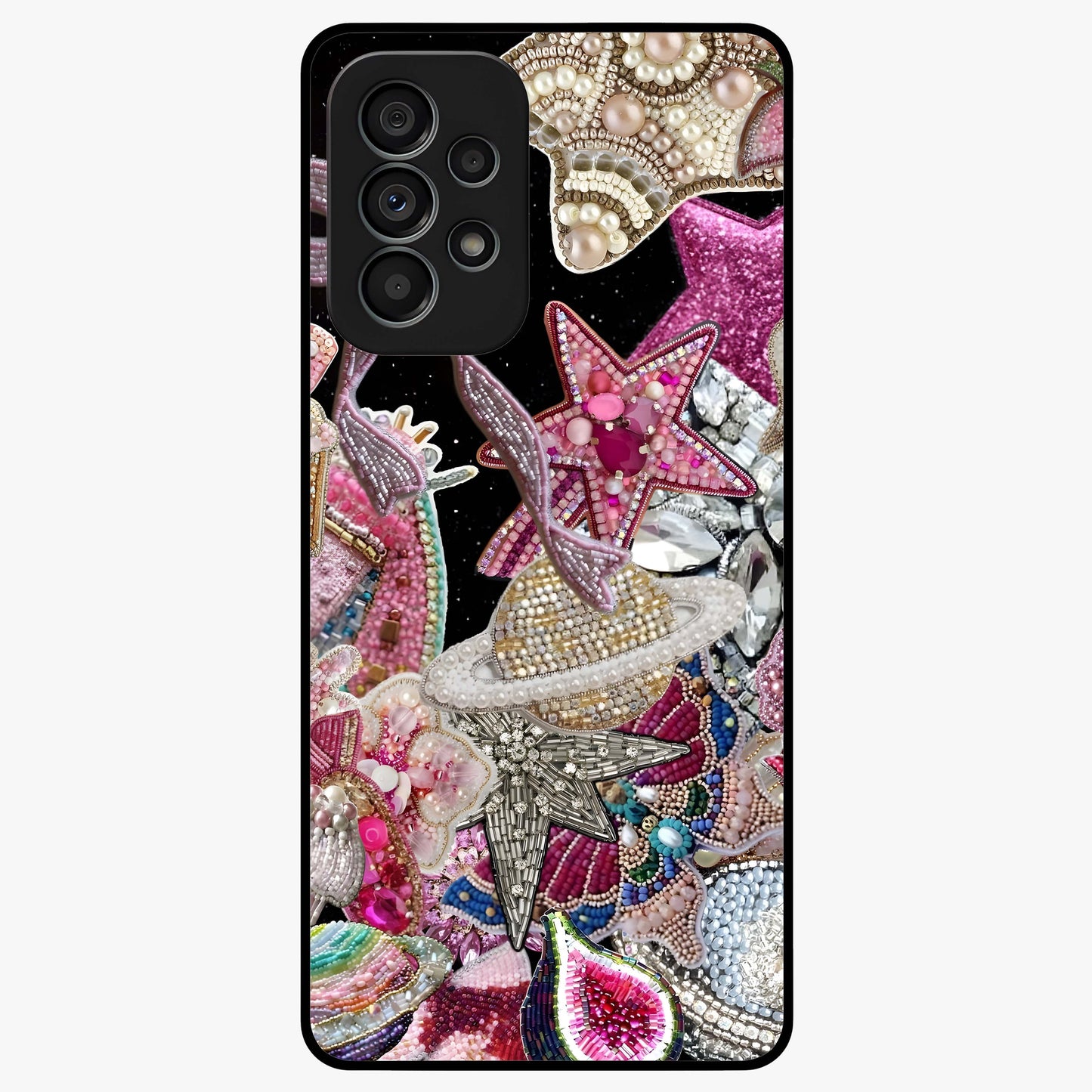 Starlit Jewel Dream Glass Case showing flat back view with sparkling jewel and star themed artwork and glossy glass finish.