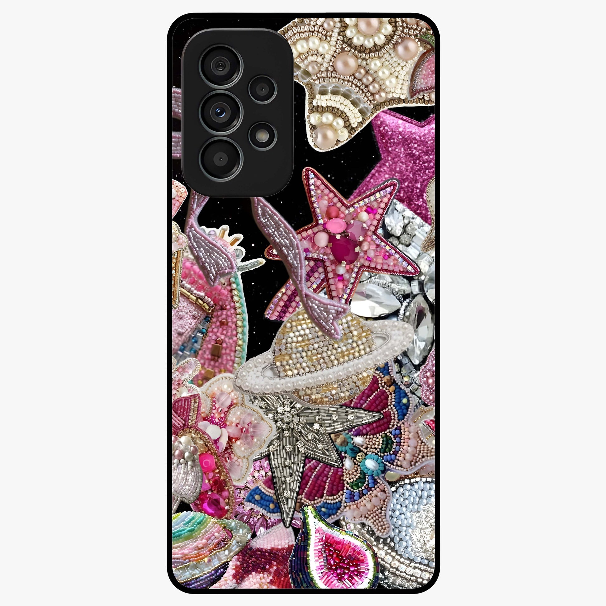 Starlit Jewel Dream Glass Case showing flat back view with sparkling jewel and star themed artwork and glossy glass finish.