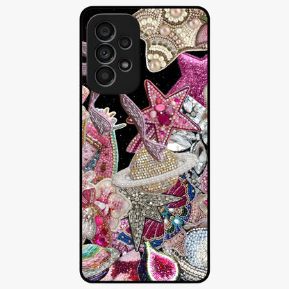Starlit Jewel Dream Glass Case showing flat back view with sparkling jewel and star themed artwork and glossy glass finish.