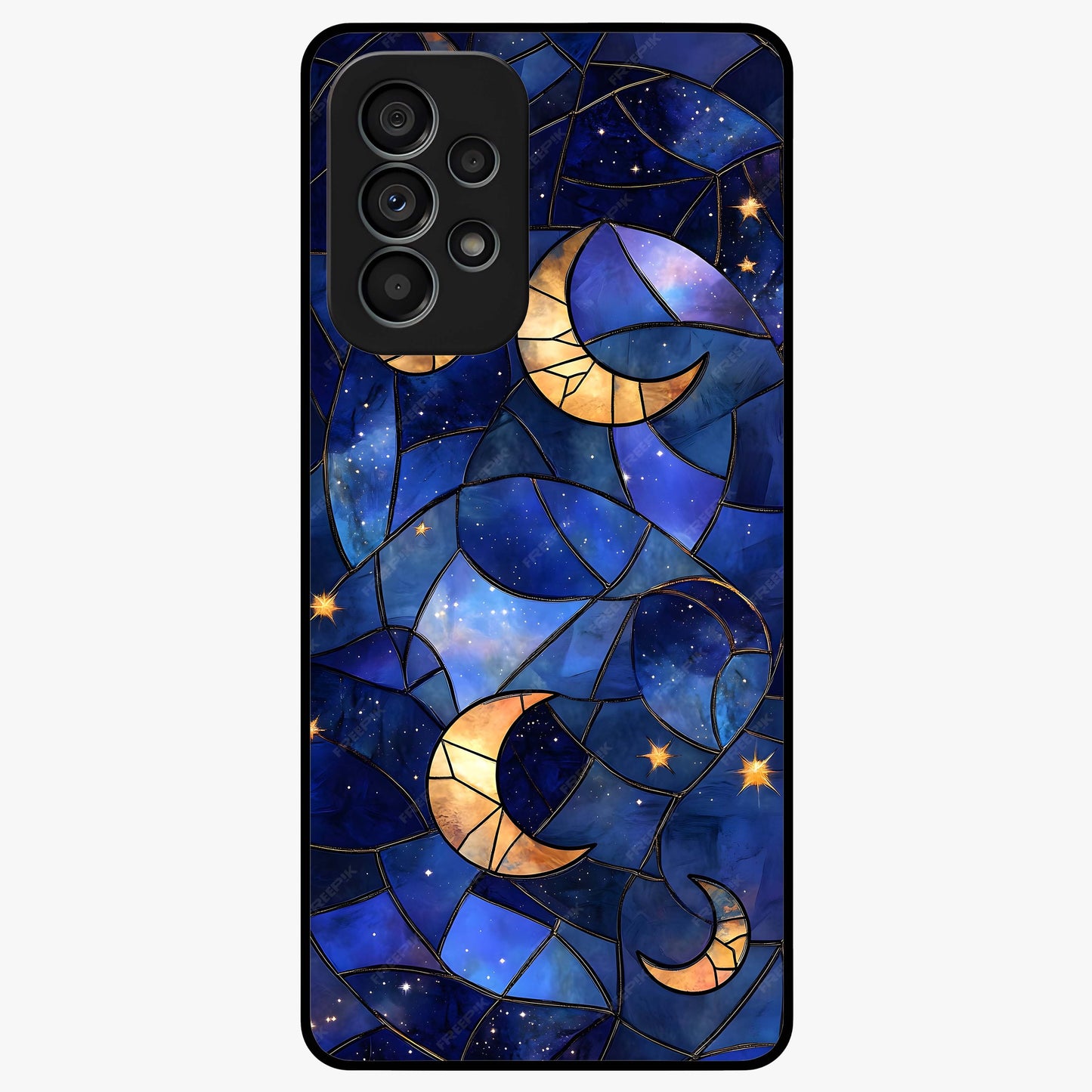 Starlit Sky Tapestry Glass Case showing flat back view with decorative starry sky tapestry artwork and glossy glass finish.