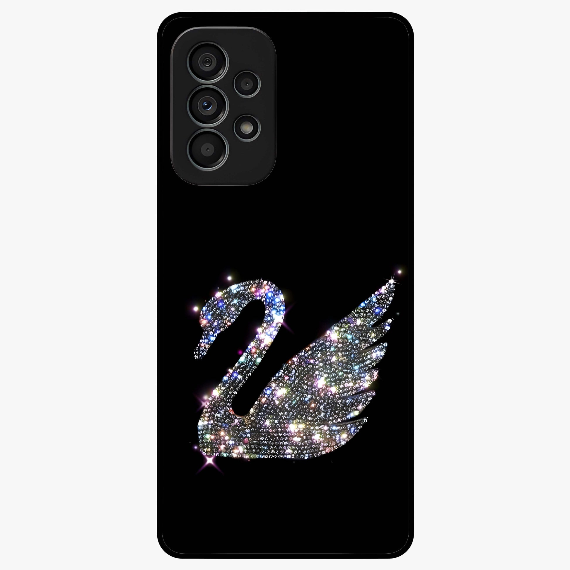 Starlit Swan Grace Glass Case showing flat back view with graceful swan artwork under starry sky and glossy glass finish.
