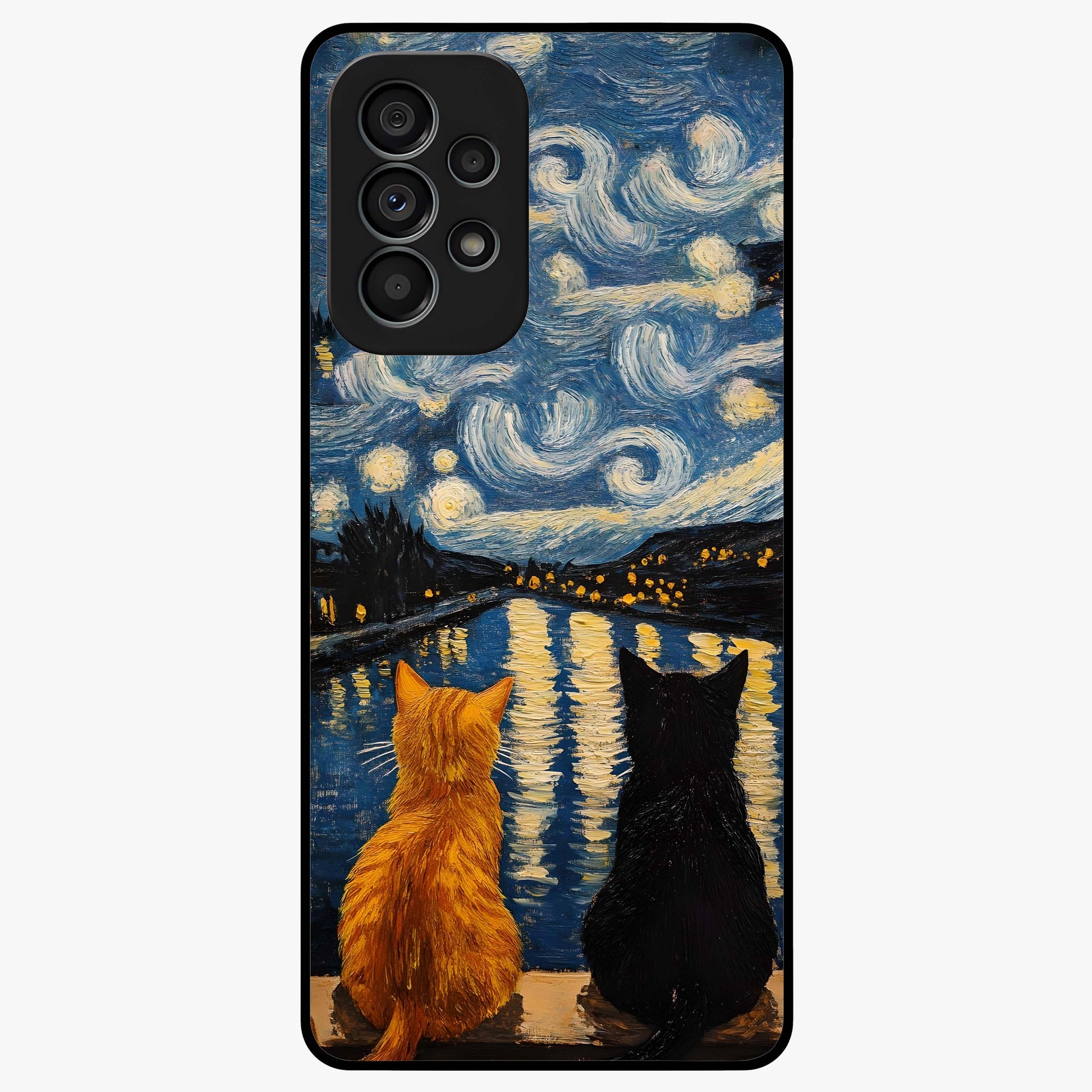 Starry River Cats Glass Case showing flat back view with cats by a starry river artwork and glossy glass finish.