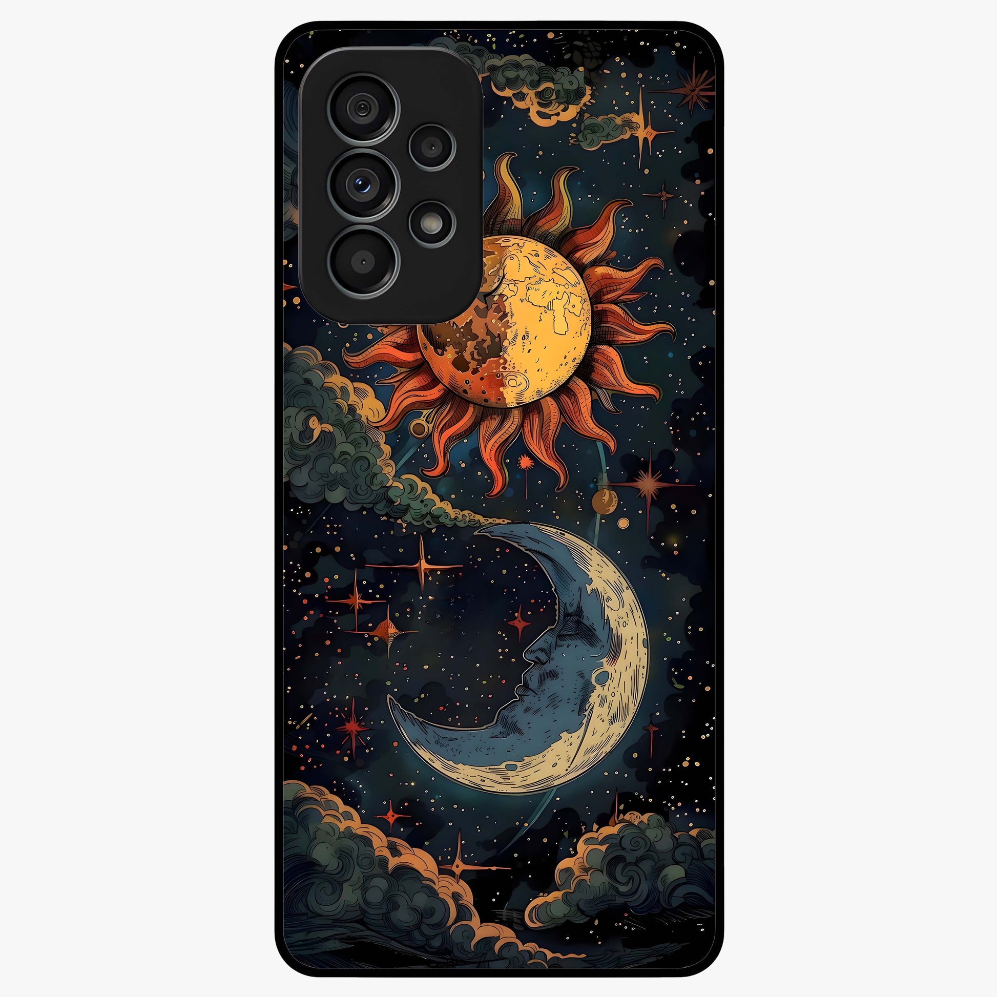 Sun And Moon Magic Design Glass Case showing flat back view with mystical sun and moon artwork and glossy glass finish.