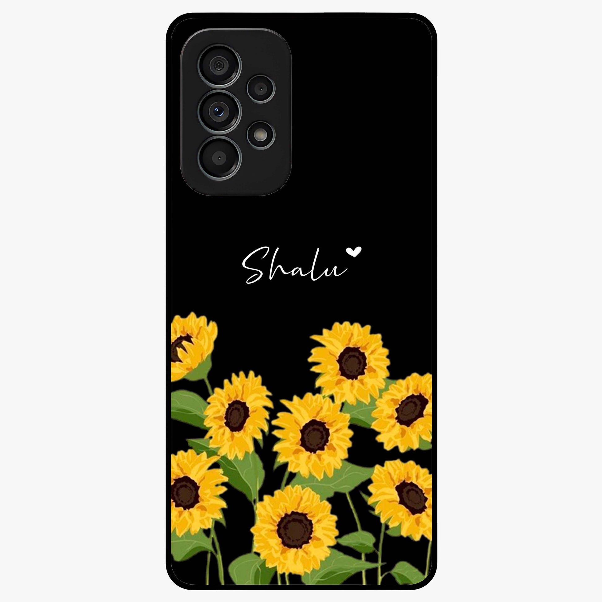 Sunflower Chic Mood Custom Name Glass Case showing flat back view with stylish sunflower artwork and personalized name design.