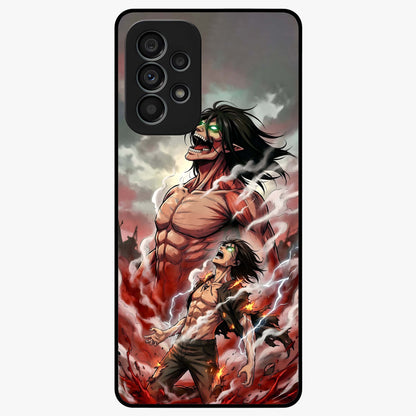 Titan Awakening Fury Glass Case showing flat back view with powerful titan inspired artwork and glossy glass finish.