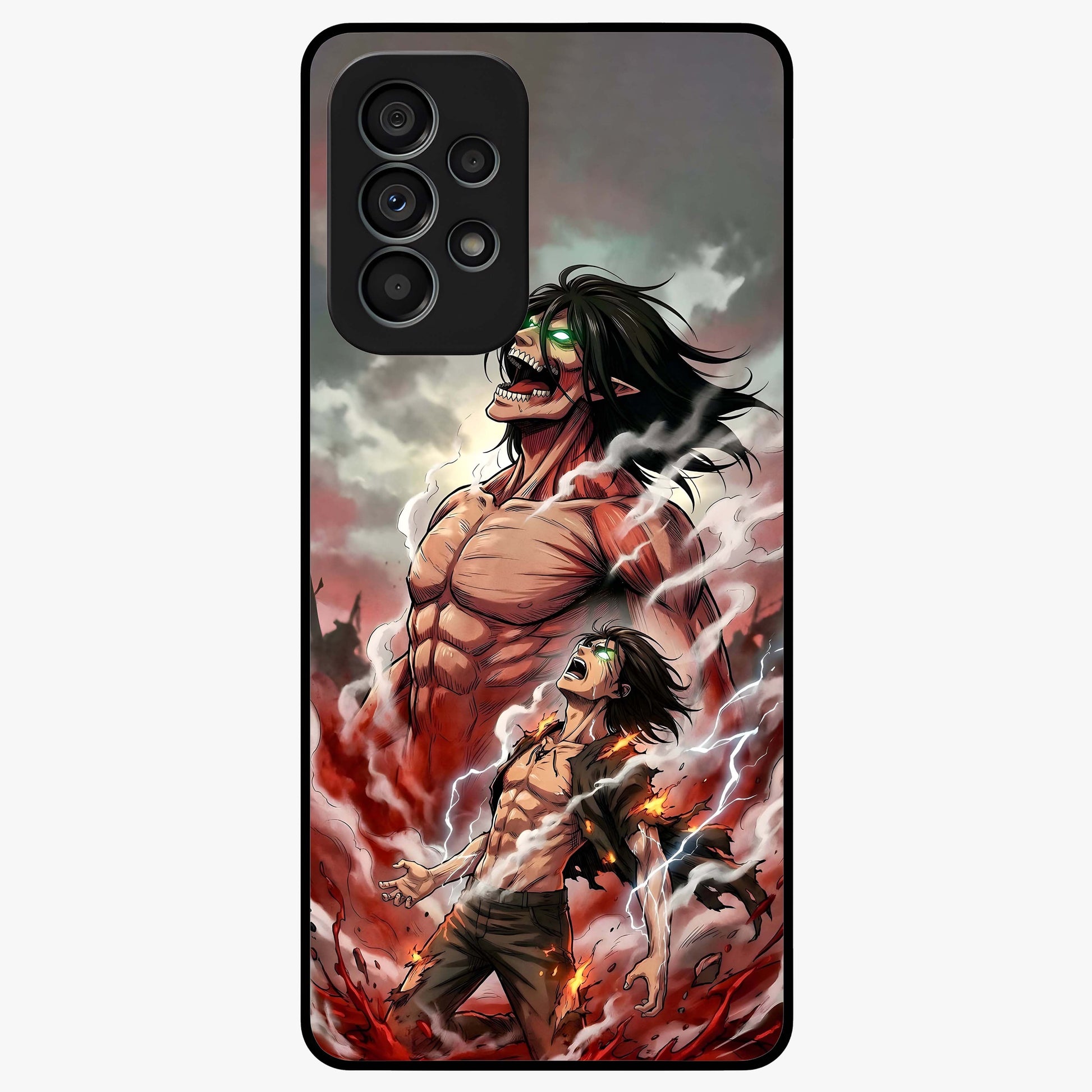 Titan Awakening Fury Glass Case showing flat back view with powerful titan inspired artwork and glossy glass finish.