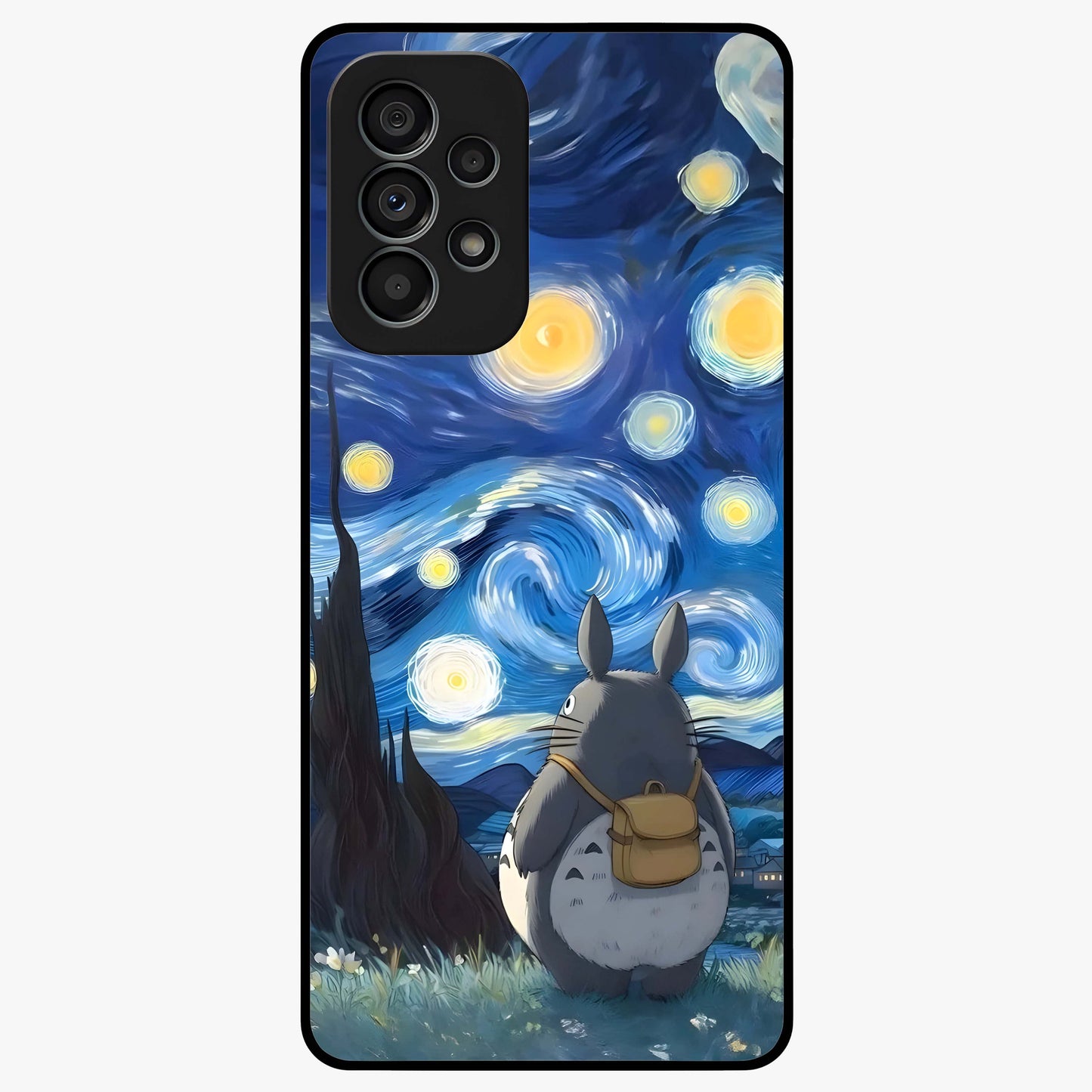 Totoro In Van Gogh Art Glass Case showing flat back view with whimsical character artwork inspired by Van Gogh style and glossy glass finish.