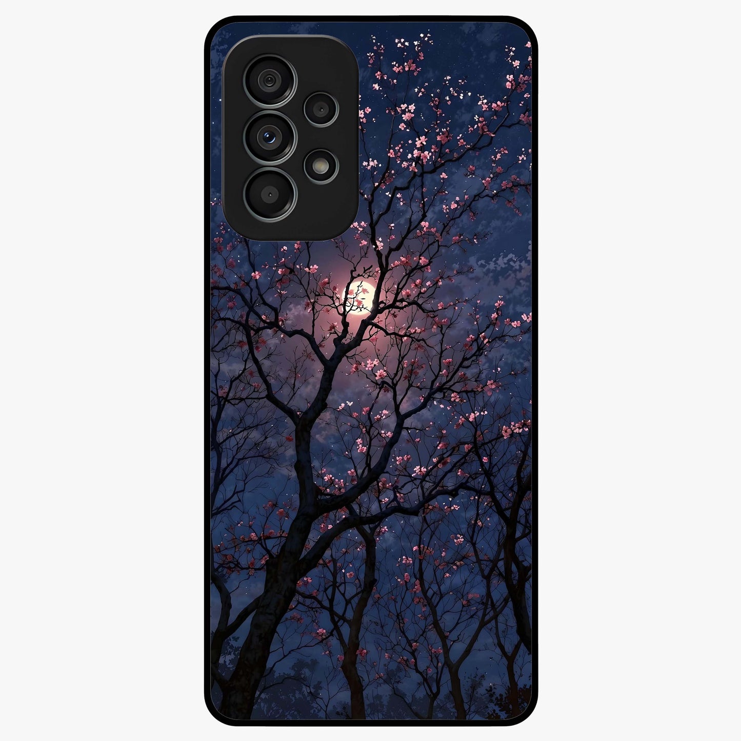 Twilight Sakura Serenade Glass Case showing flat back view with cherry blossom artwork at twilight and glossy glass finish.
