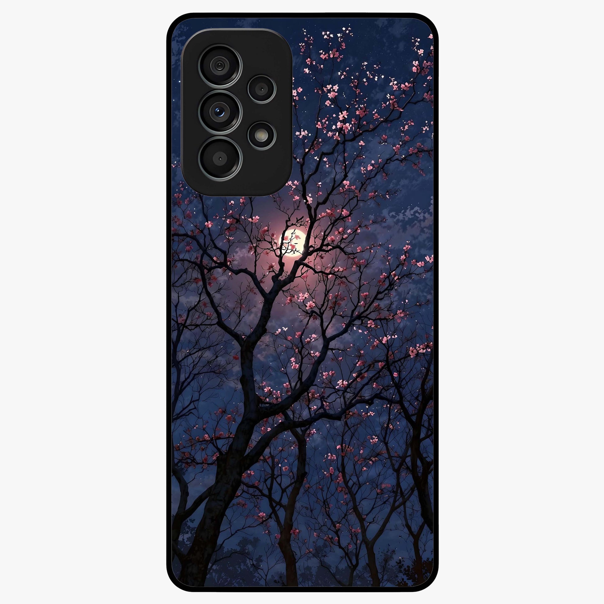 Twilight Sakura Serenade Glass Case showing flat back view with cherry blossom artwork at twilight and glossy glass finish.