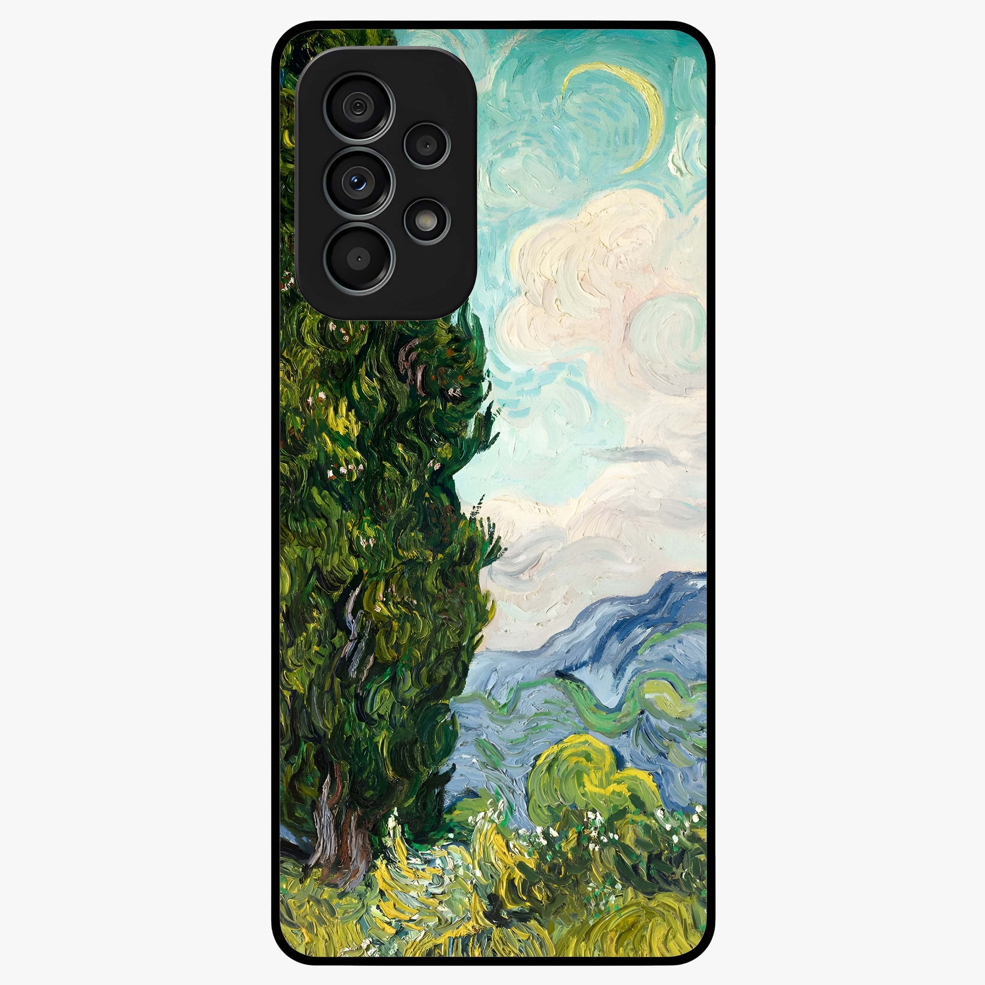Van Gogh Vintage Art Glass Case showing flat back view with vintage painterly artwork inspired by Van Gogh style and glossy glass finish.