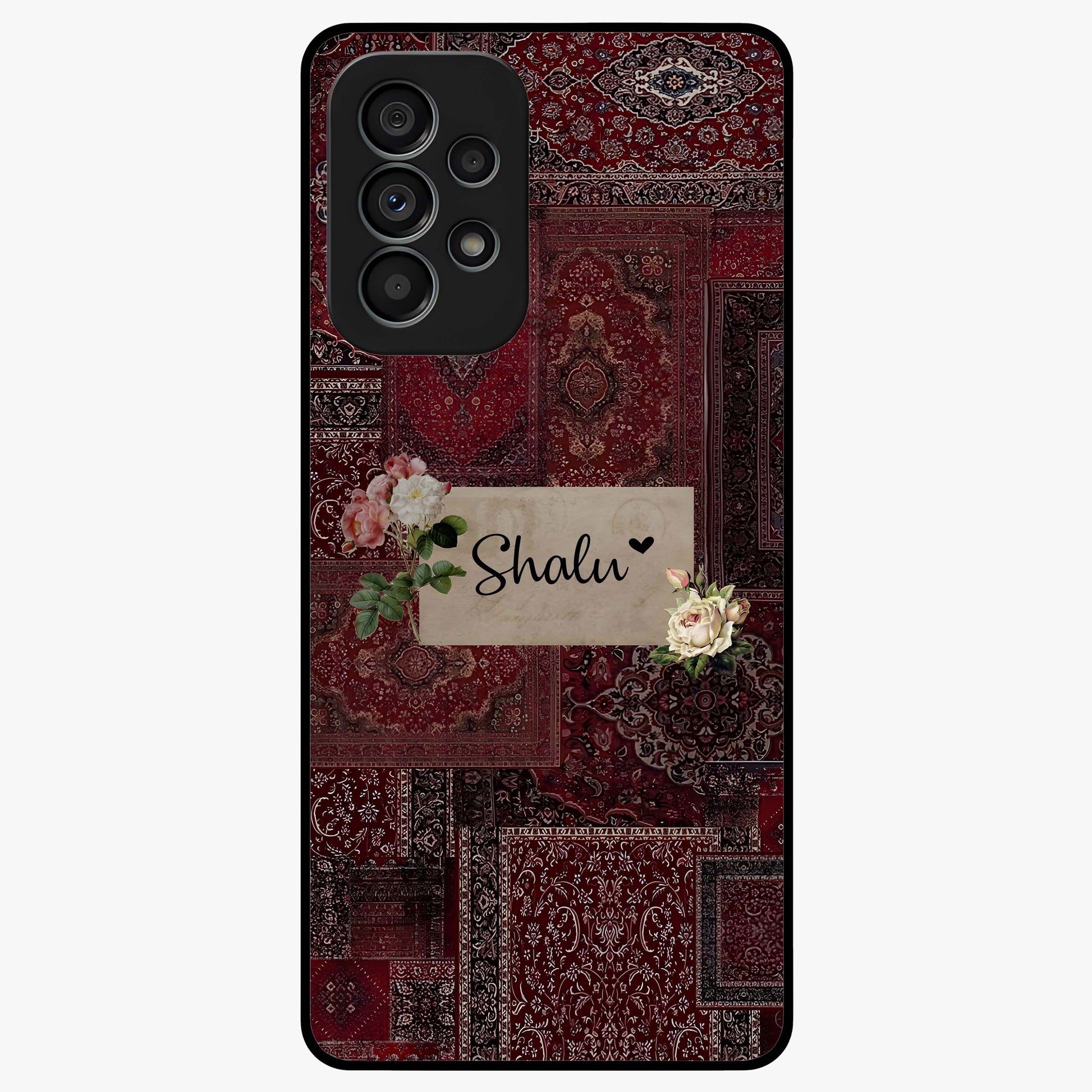 Velvet Wine Pattern Custom Name Glass Case showing flat back view with elegant wine colored pattern artwork and personalized name design.