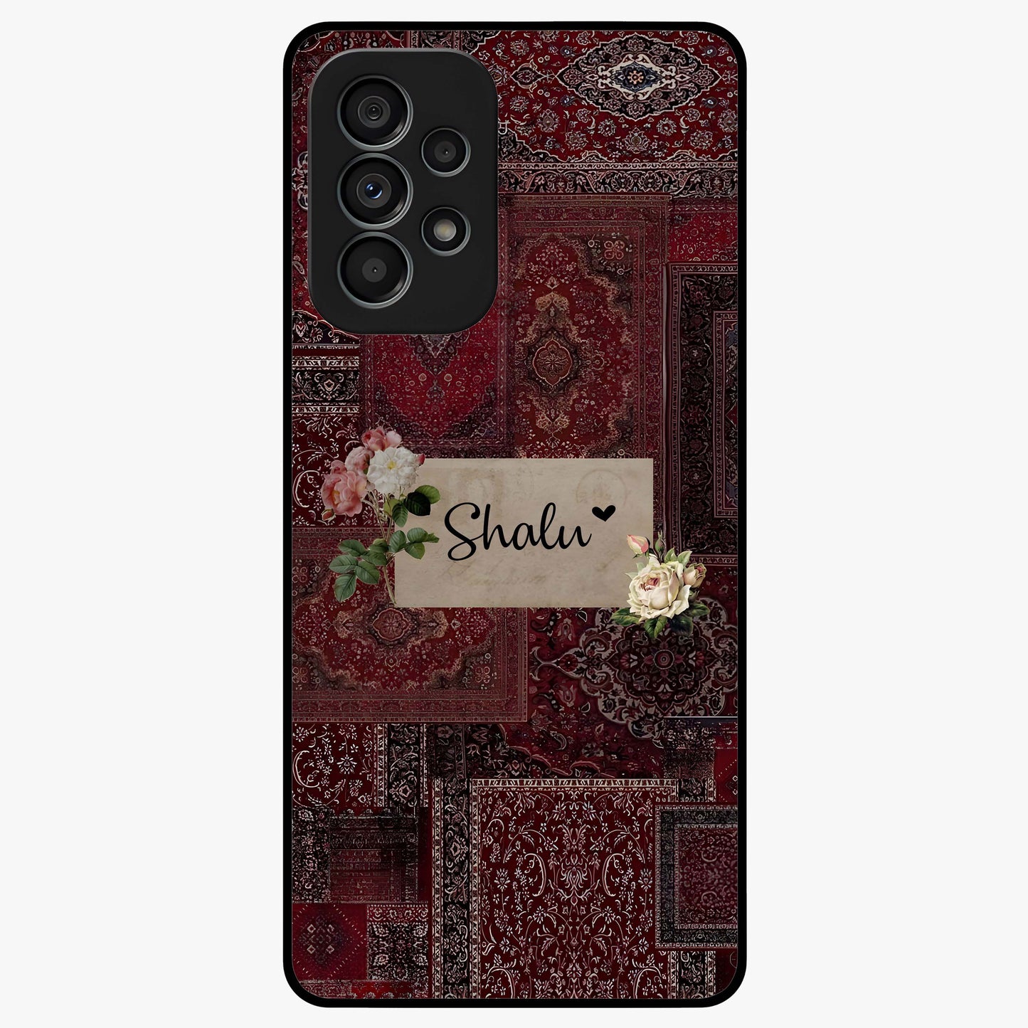 Velvet Wine Pattern Custom Name Glass Case showing flat back view with elegant wine colored pattern artwork and personalized name design.