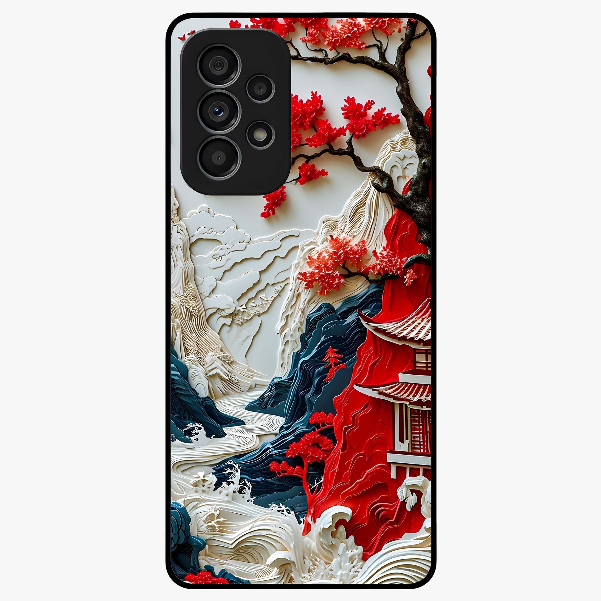 Whispers Of Sakura Waves Glass Case showing flat back view with cherry blossom wave artwork and glossy glass finish.