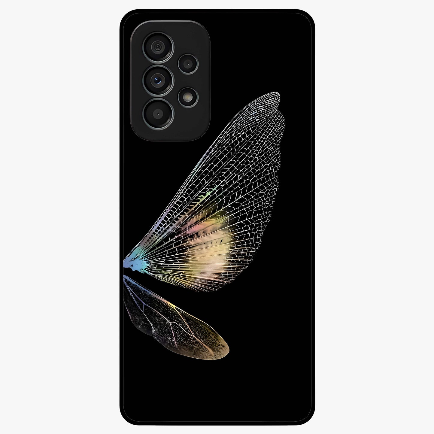 Whispers Of Wings Glass Case showing flat back view with graceful wing inspired artwork and glossy glass finish.