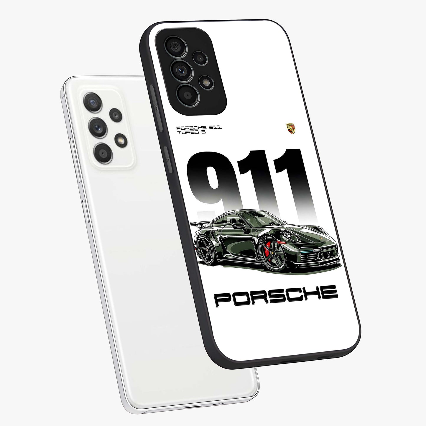911 Turbo Dominance Glass Case displayed in premium angled mockup highlighting sporty car illustration and sleek glass surface.