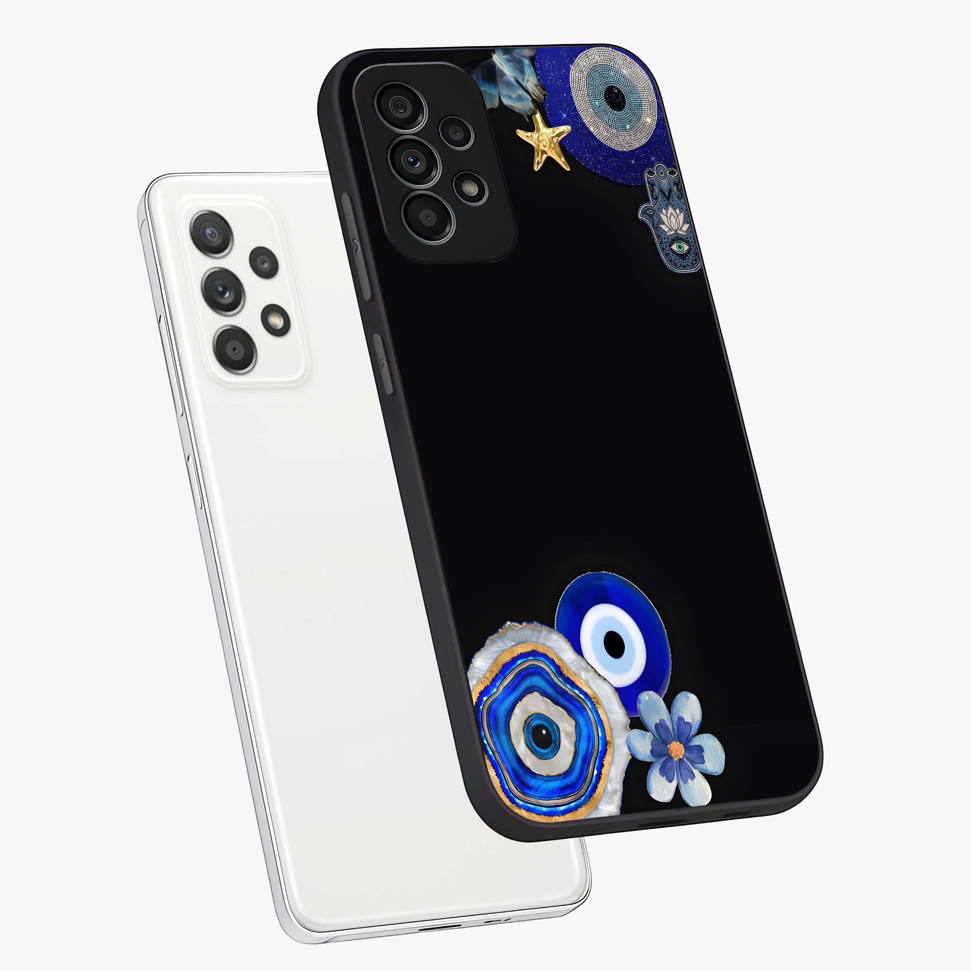 Aesthetic Blue Evil Eye Glass Case displayed in angled mockup highlighting blue evil eye symbol and spiritual aesthetic design.