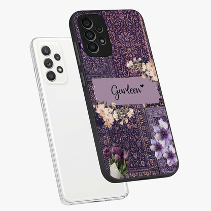 Antique Floral Whisper Custom Name Glass Case displayed in angled mockup highlighting elegant antique floral aesthetic.
