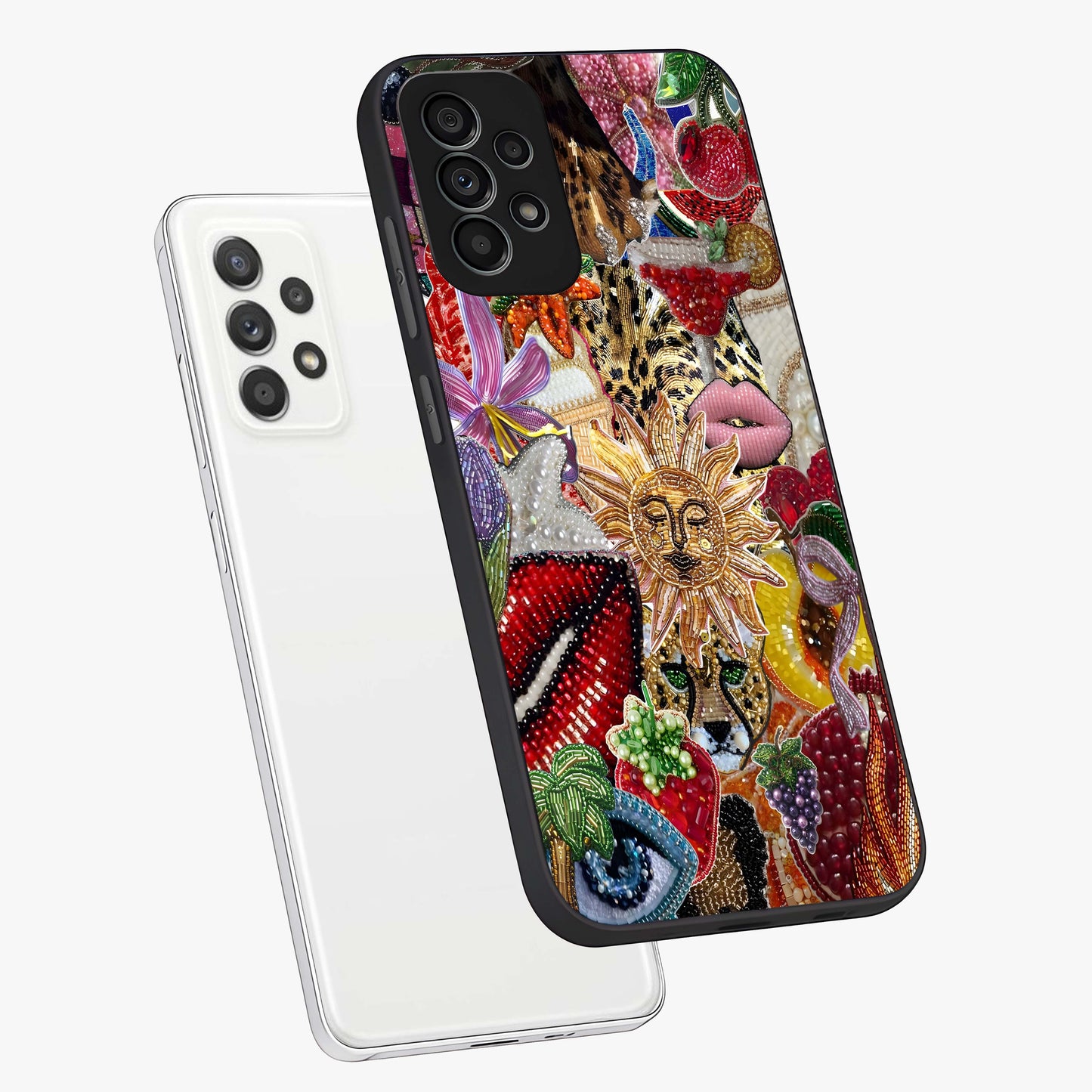 Beaded Fashion Jungle Glass Case displayed in angled mockup highlighting colorful fashion bead design and artistic pattern.