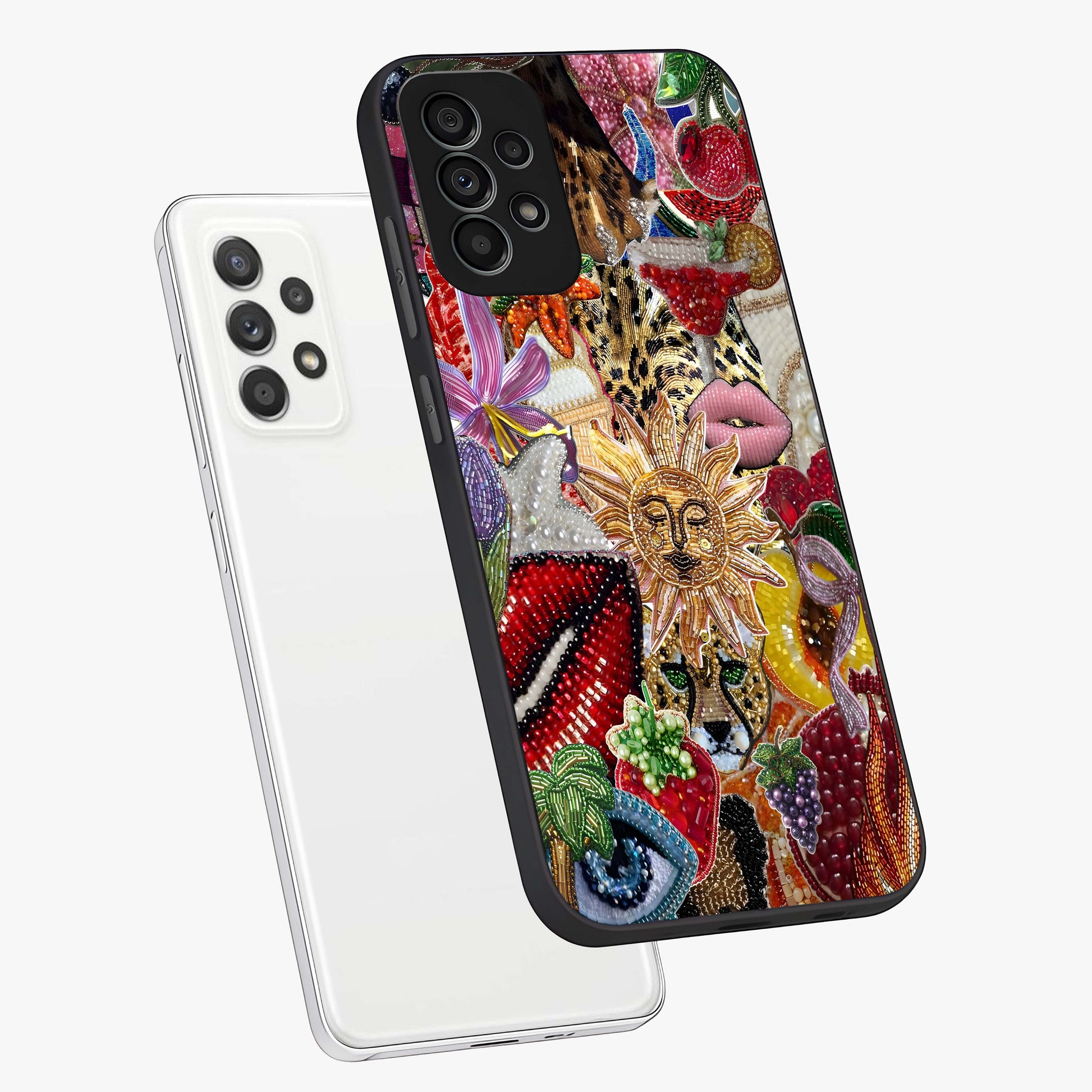 Beaded Fashion Jungle Glass Case displayed in angled mockup highlighting colorful fashion bead design and artistic pattern.