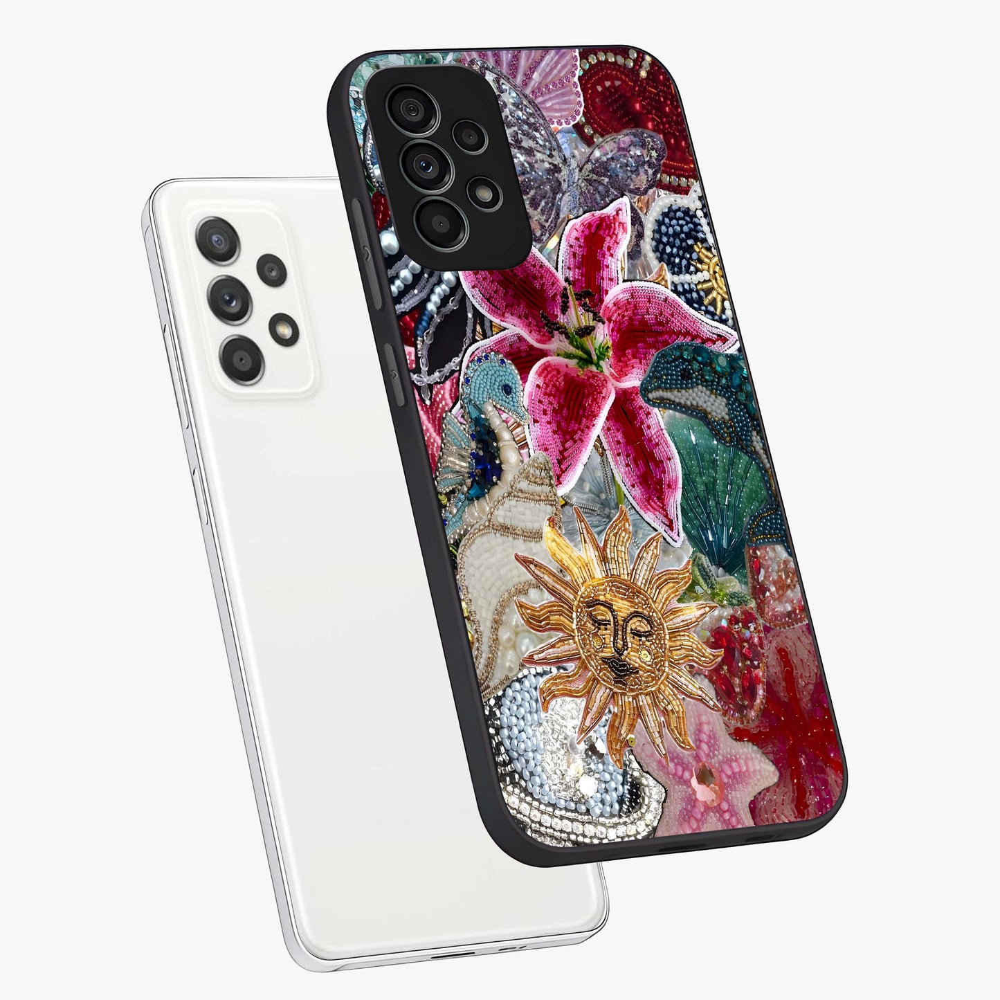 Beaded Garden Fantasy Glass Case displayed in angled mockup highlighting fantasy inspired floral bead pattern.
